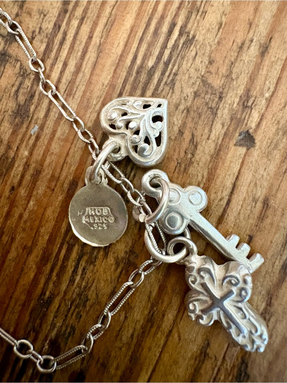 Vintage HOB Mexico 925 Sterling Silver Key , cross and Heart Charm Necklace